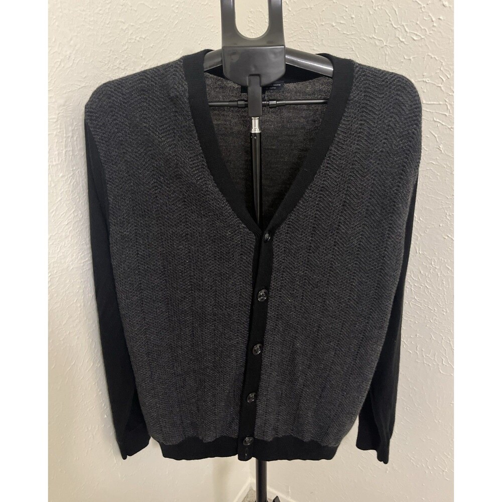 HART SCHAFFNER MARX Men's Cardigan Sweater Merino Wool Blend Black/Grey Large